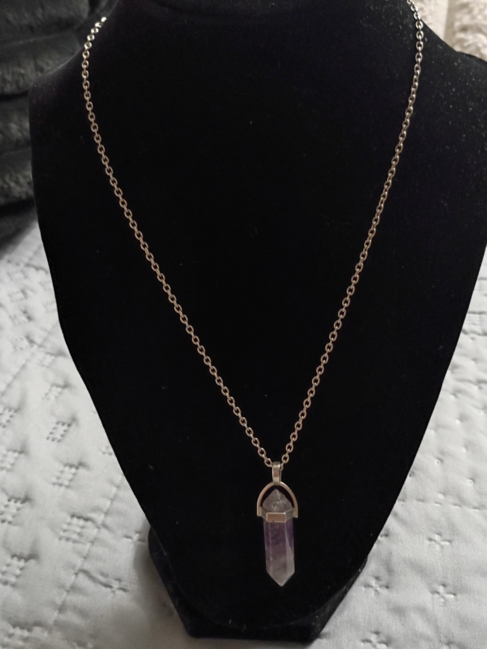Purple Crystal Point Pendant on Silver Chain